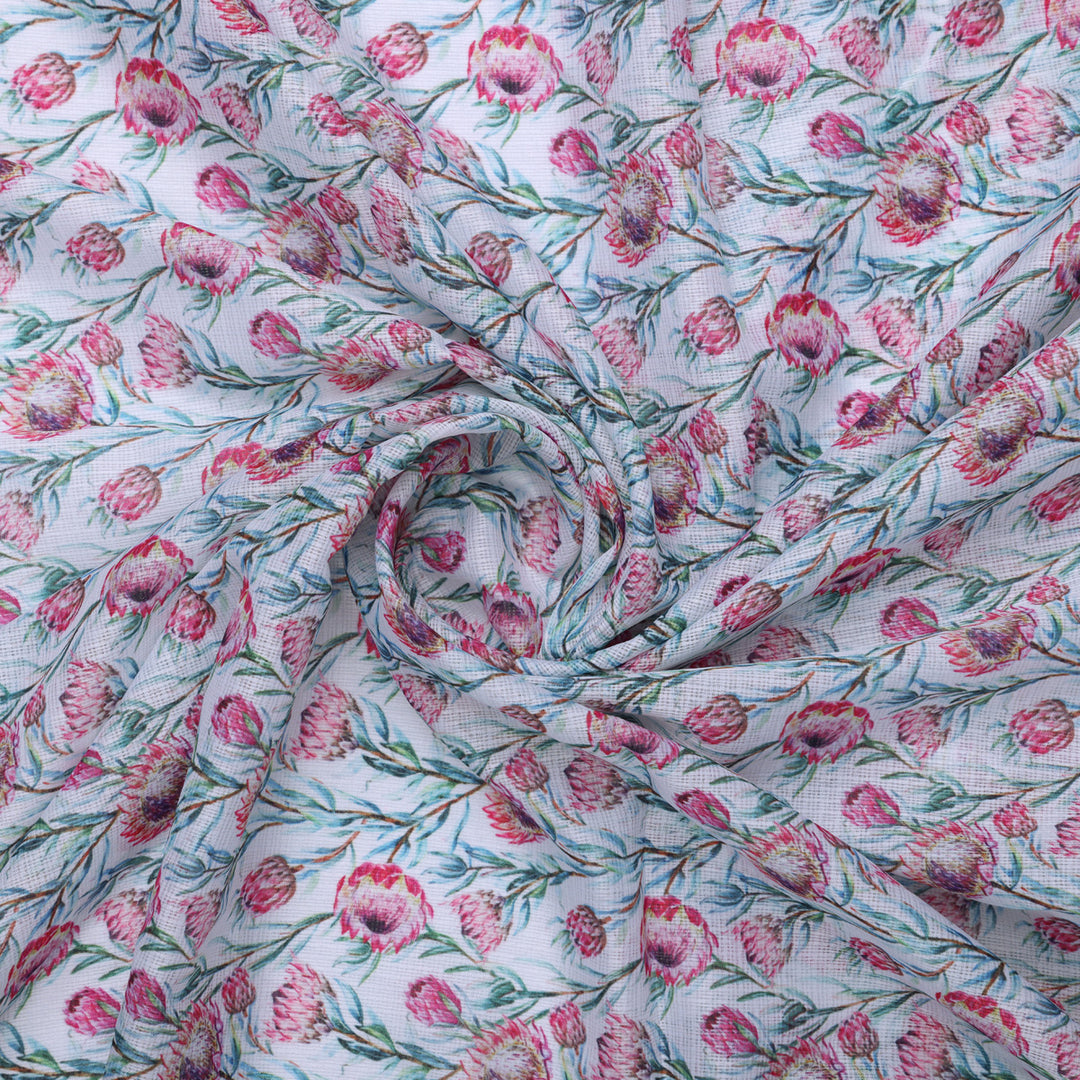 Pink Protea Floral Printed Kota Doria Fabric