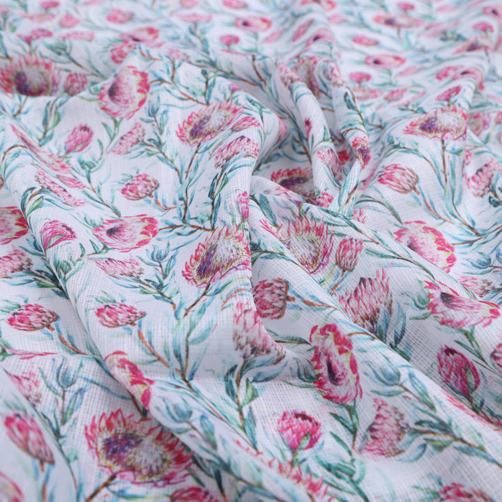 Pink Protea Floral Printed Kota Doria Fabric