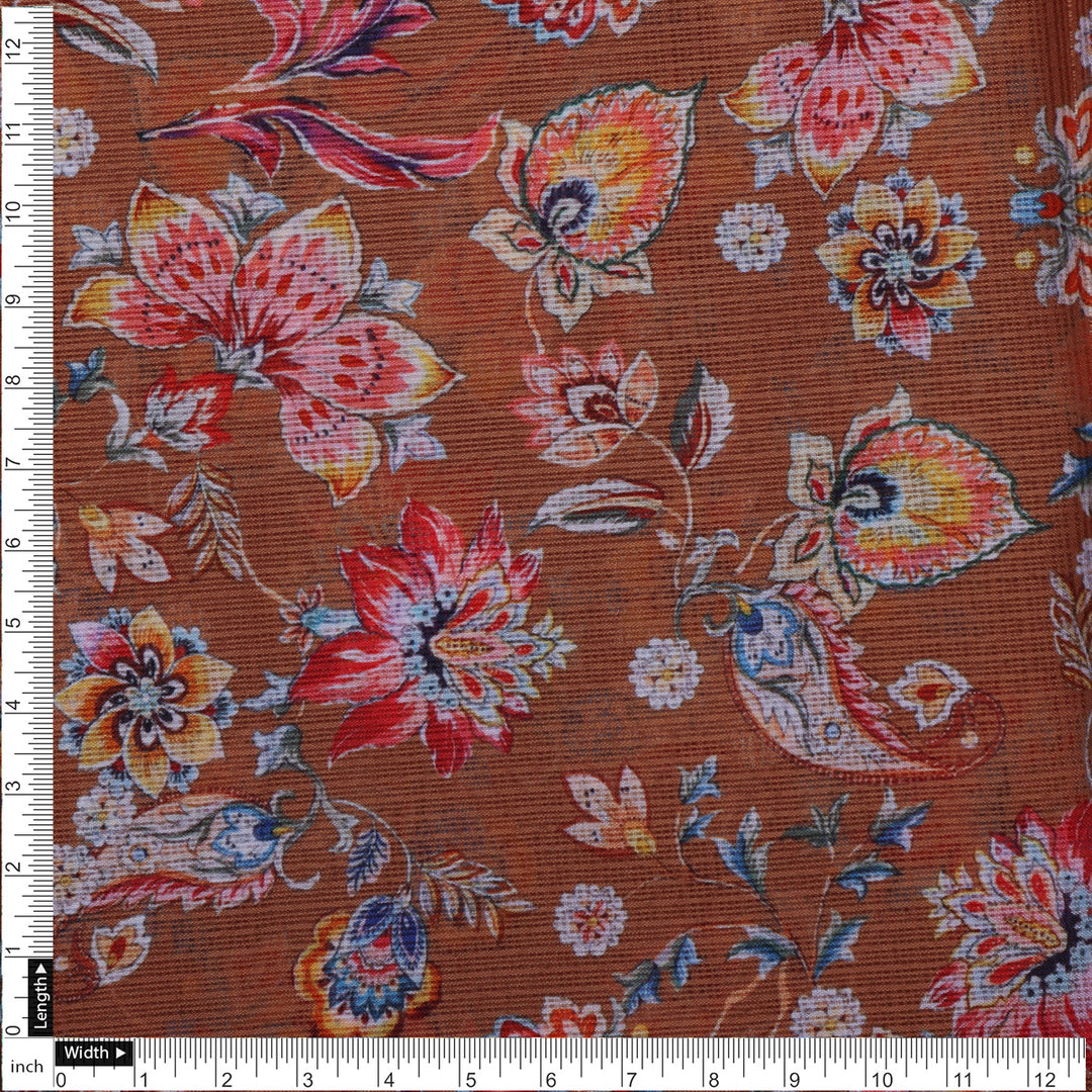 Kota Doria Fabric with Floral Print Brown