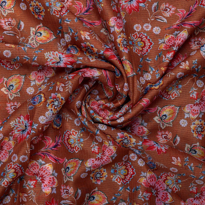 Kota Doria Fabric with Floral Print Brown