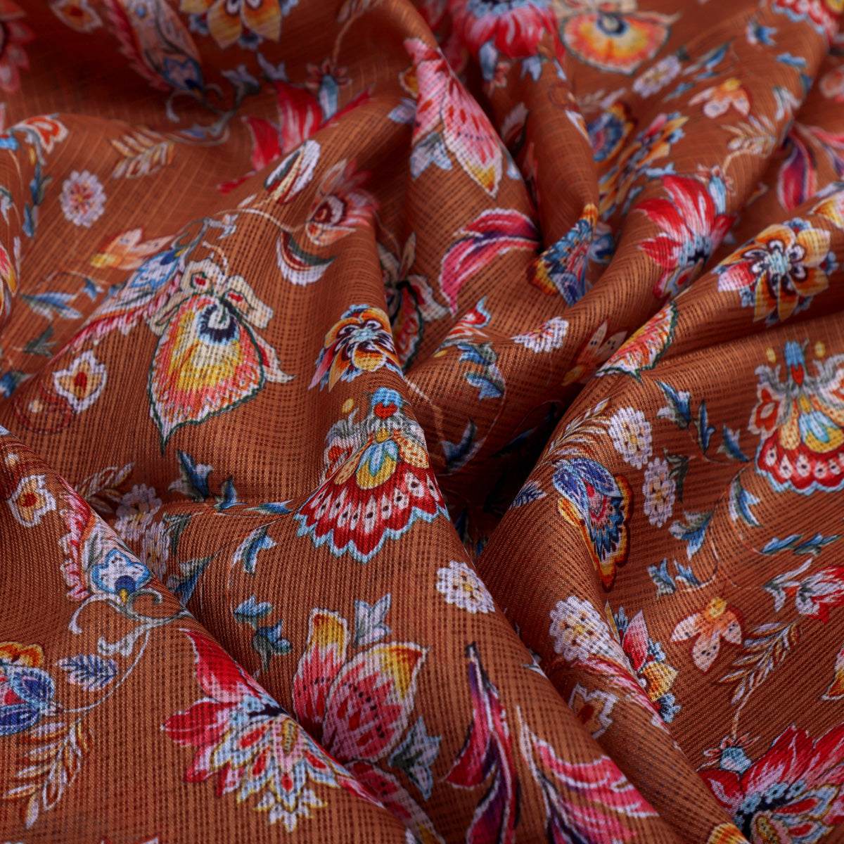 Kota Doria Fabric with Floral Print Brown