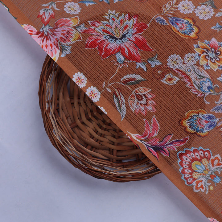 Kota Doria Fabric with Floral Print Brown