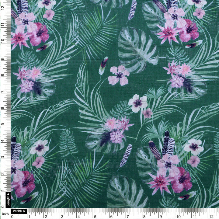 Tropical Leaves and Flowers Printed Kota Doria Fabric