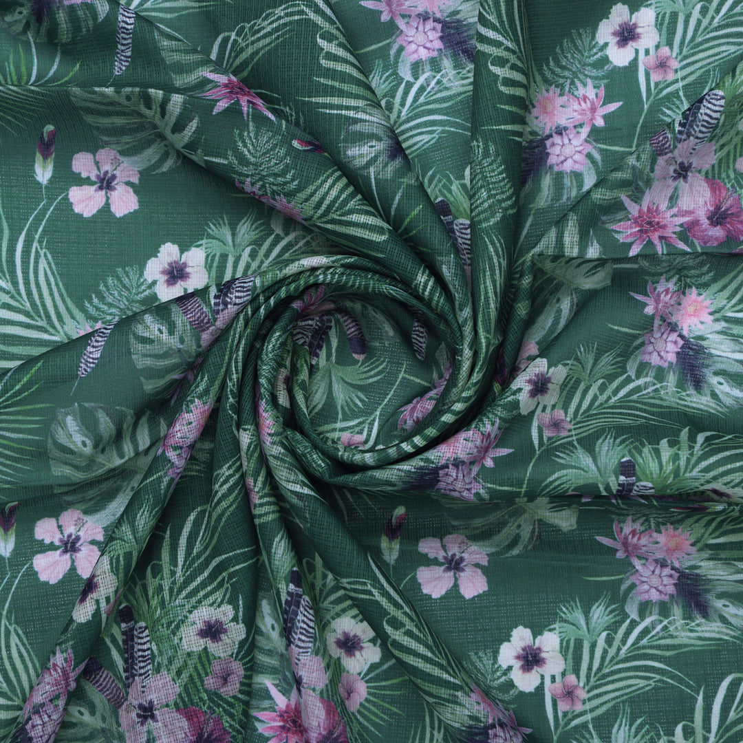 Tropical Leaves and Flowers Printed Kota Doria Fabric