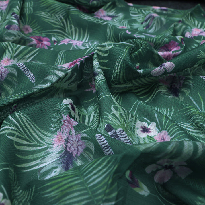 Tropical Leaves and Flowers Printed Kota Doria Fabric