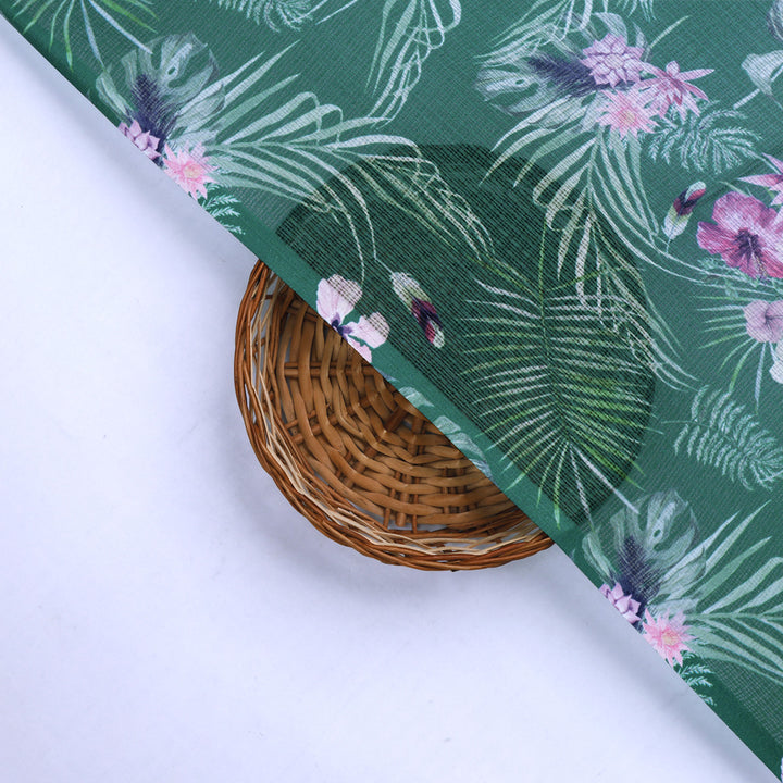 Tropical Leaves and Flowers Printed Kota Doria Fabric