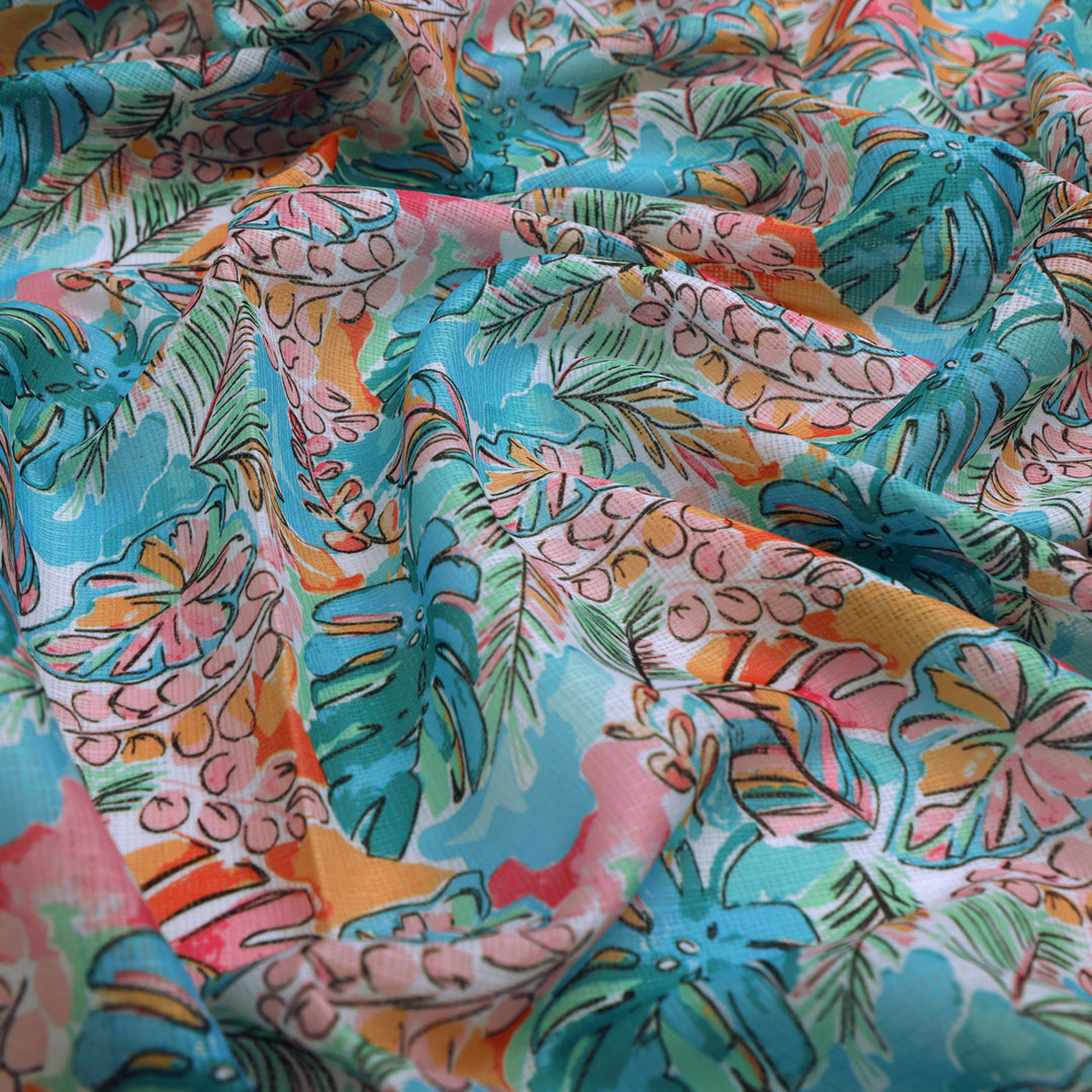 Tropical Leaves Printed Kota Doria Fabric