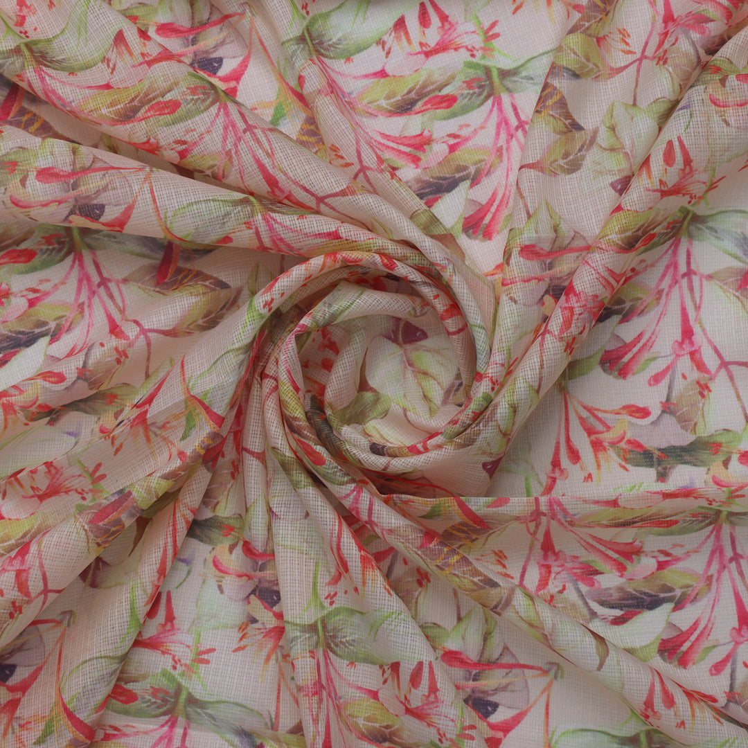 Pink Floral Printed Kota Doria Fabric