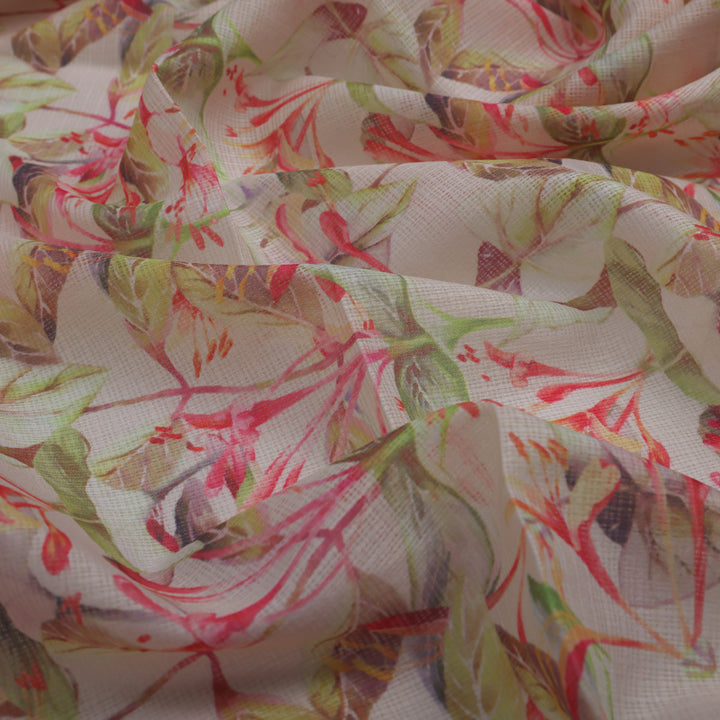 Pink Floral Printed Kota Doria Fabric