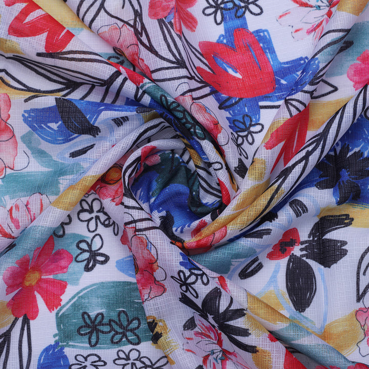 Abstract Floral Printed Kota Doria Fabric