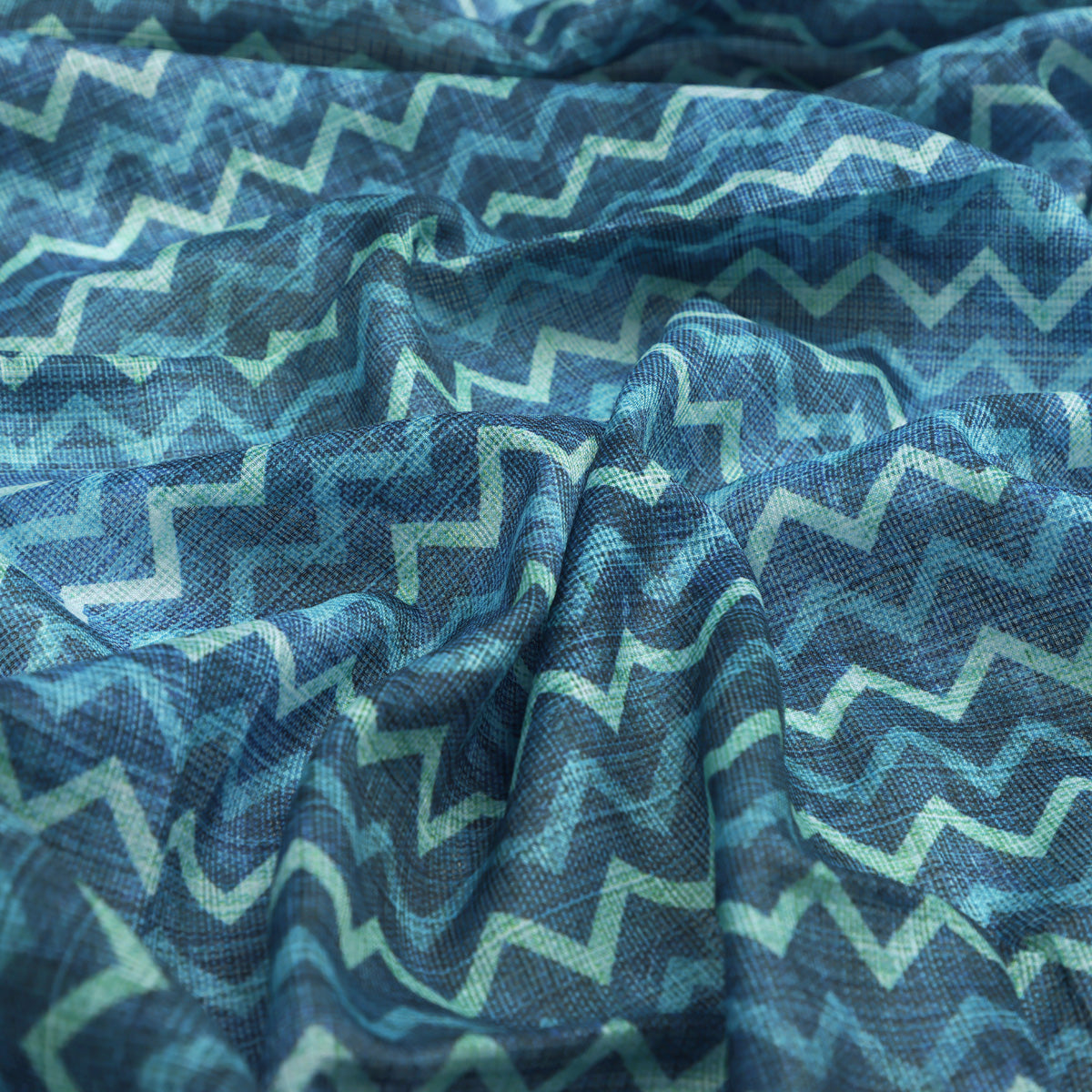 Blue Chevron Hand Block Printed Kota Doria Fabric