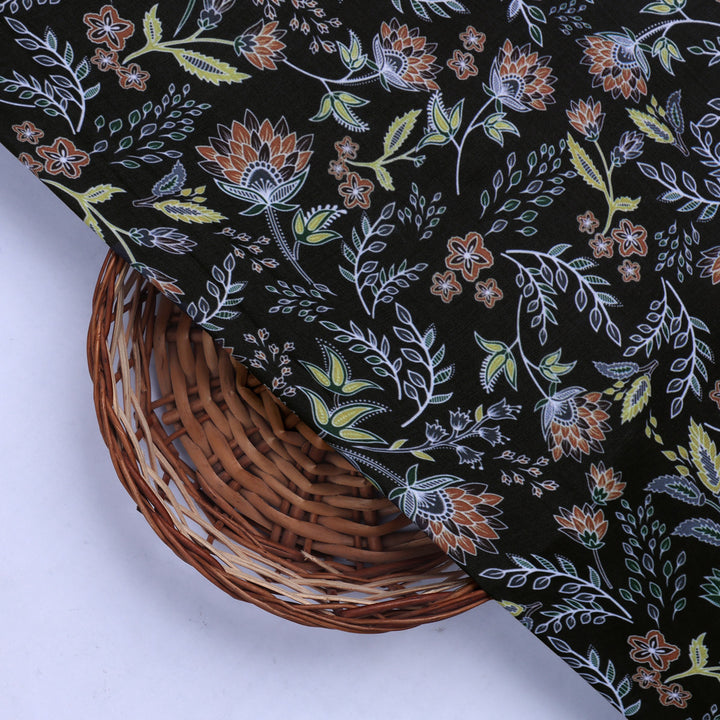 Black Muslin Fabric with Floral Print