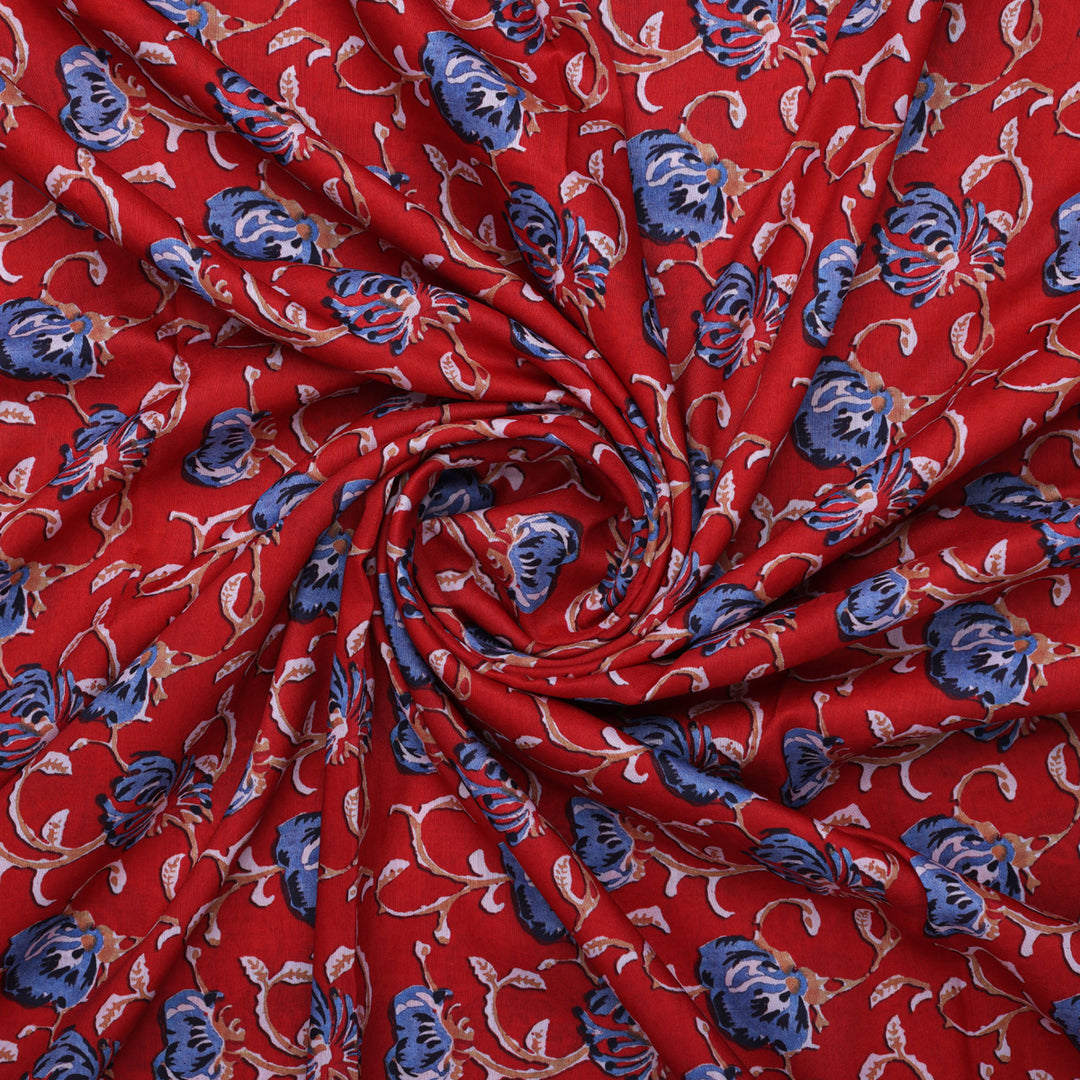 Blue Floral Print Muslin Fabric