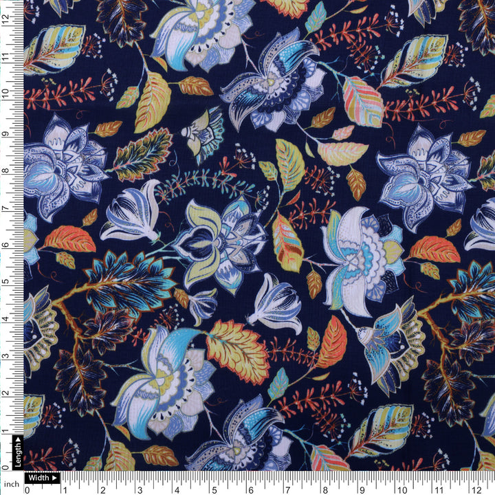 Blue Multicolor Floral Print Muslin Fabric