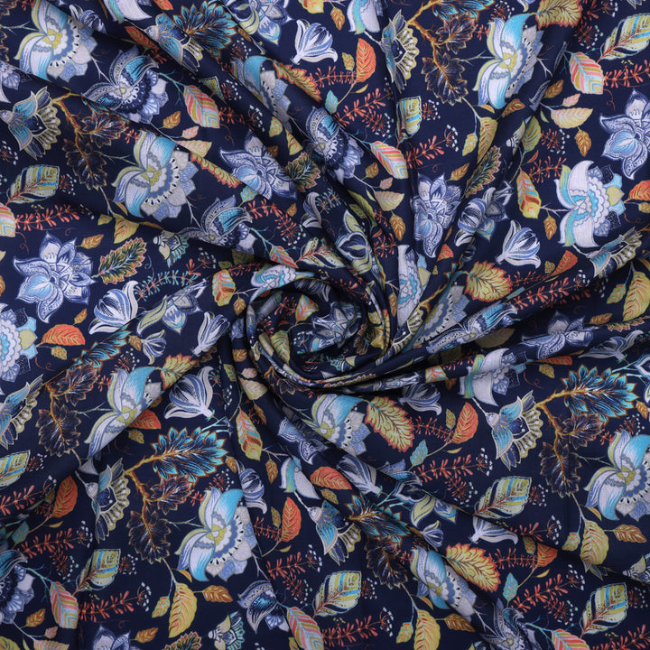 Blue Multicolor Floral Print Muslin Fabric