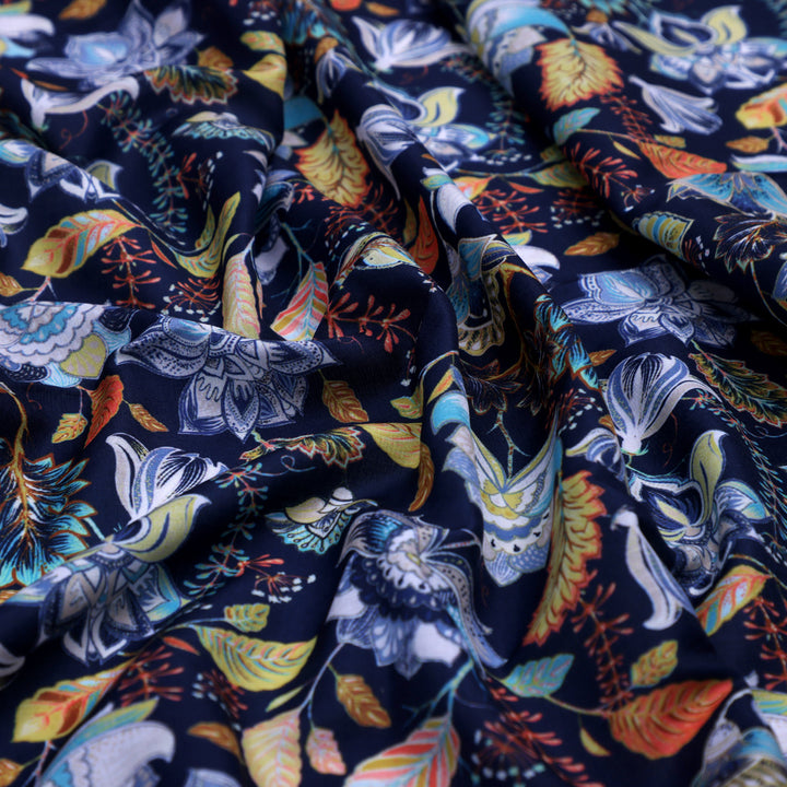 Blue Multicolor Floral Print Muslin Fabric