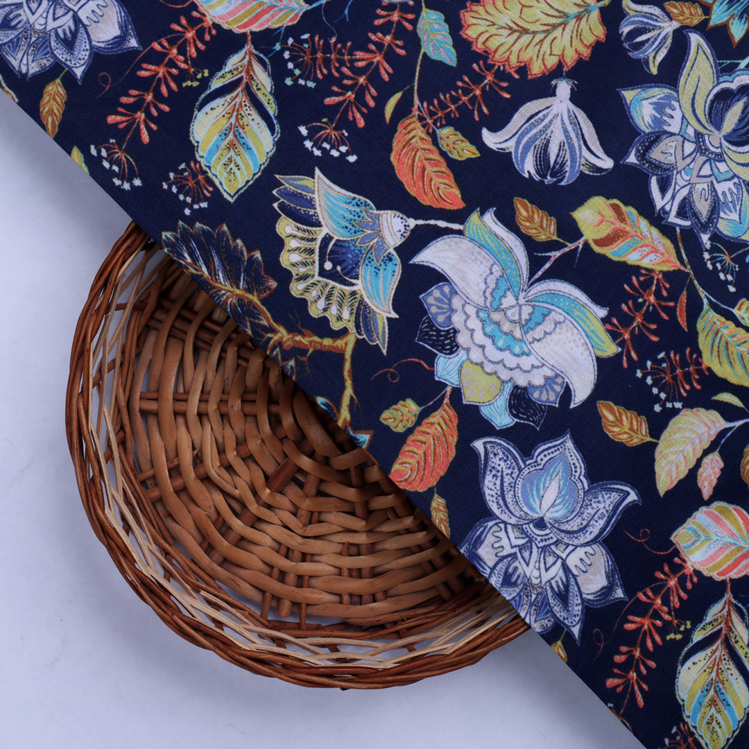 Blue Multicolor Floral Print Muslin Fabric