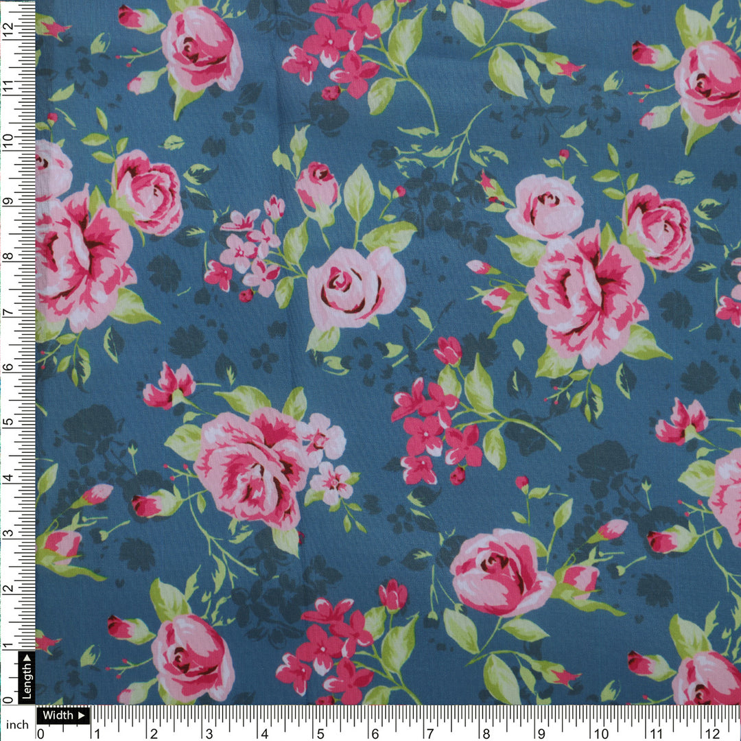 Blue Muslin Fabric with Pink Roses