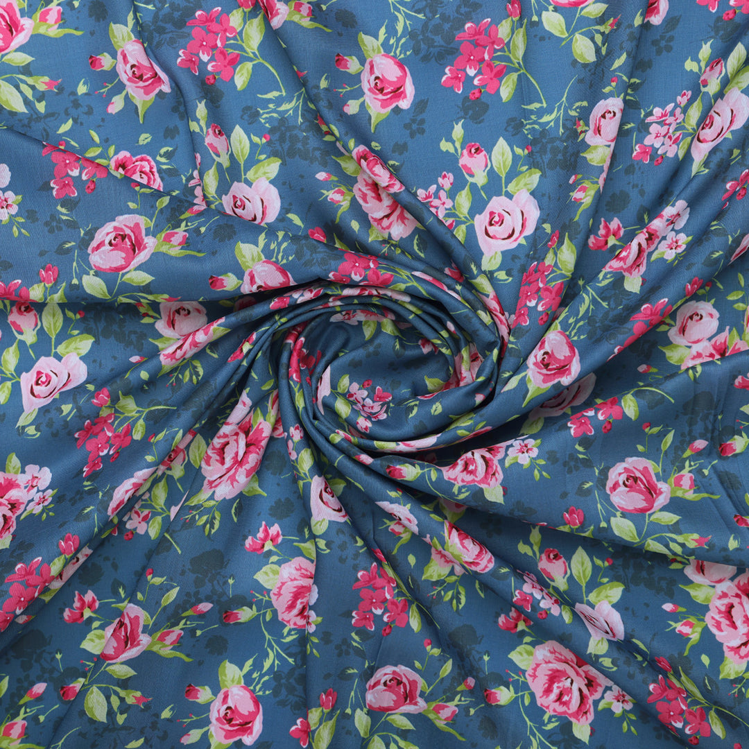 Blue Muslin Fabric with Pink Roses