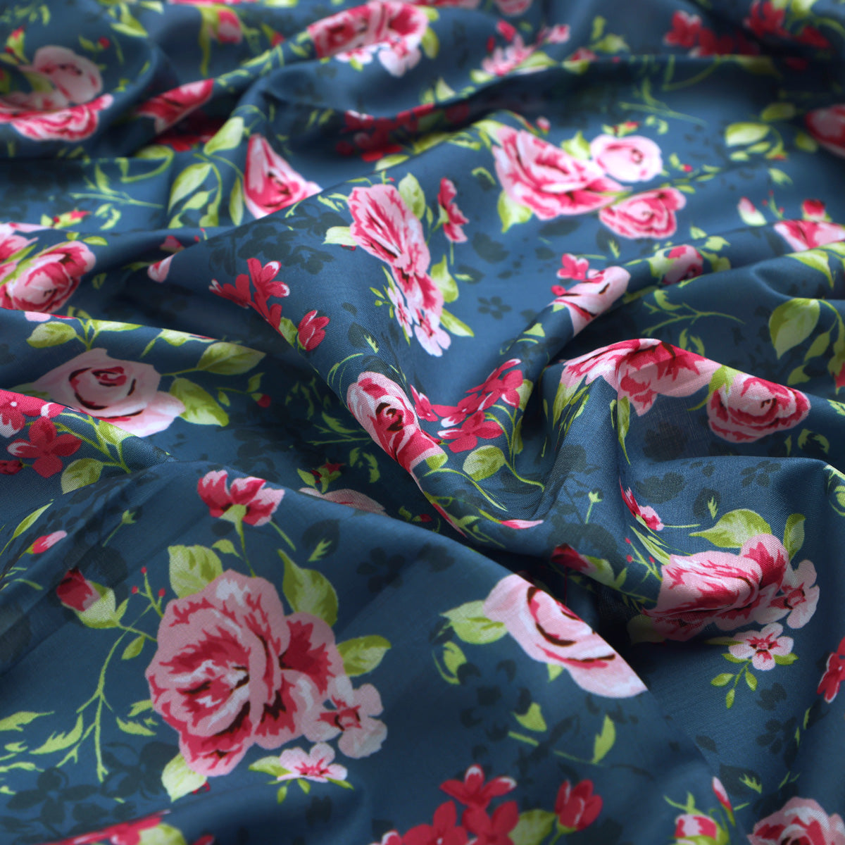 Blue Muslin Fabric with Pink Roses