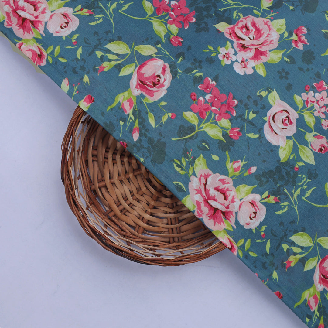 Blue Muslin Fabric with Pink Roses