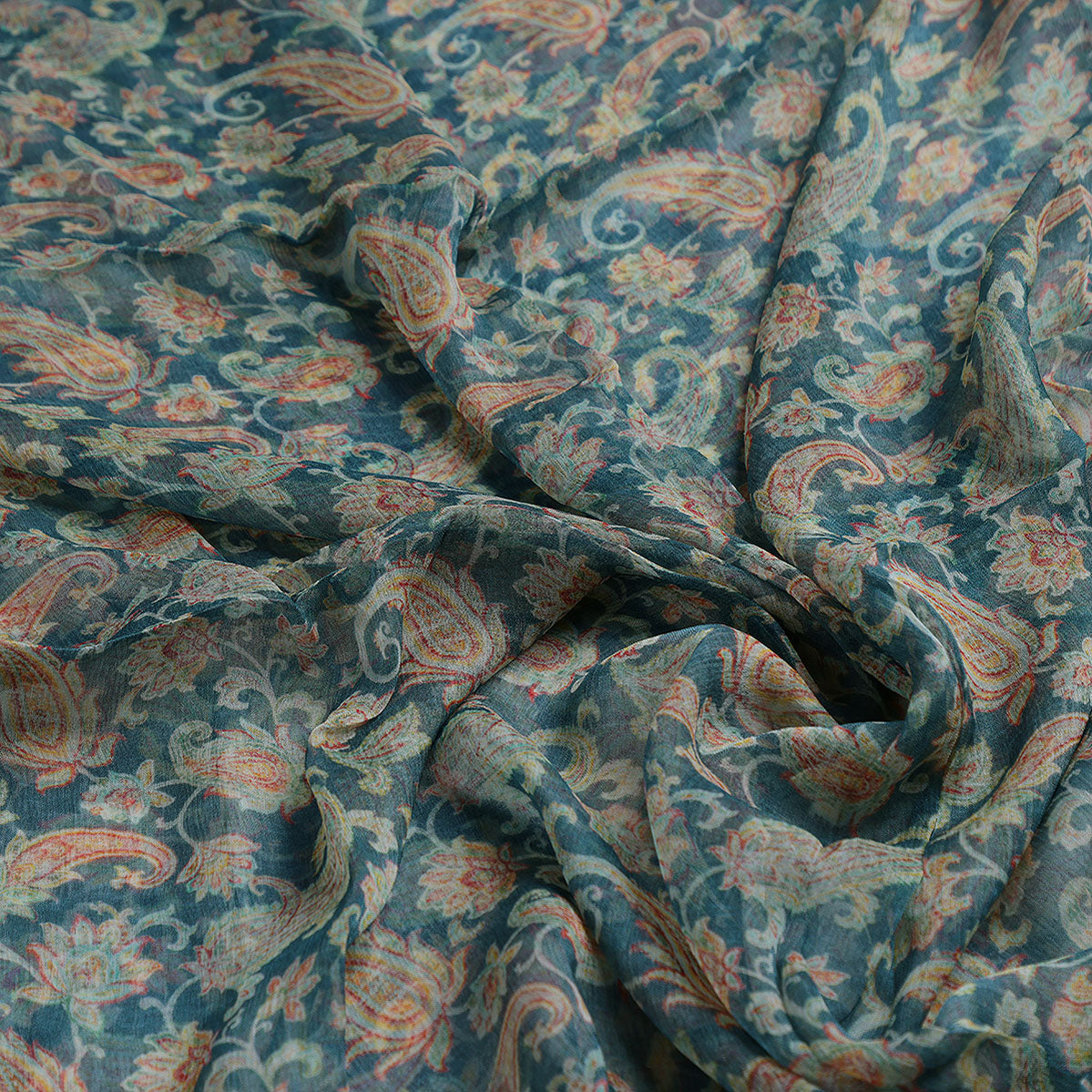 Multi color Paisley Over Blue Base Digital Printed Fabric