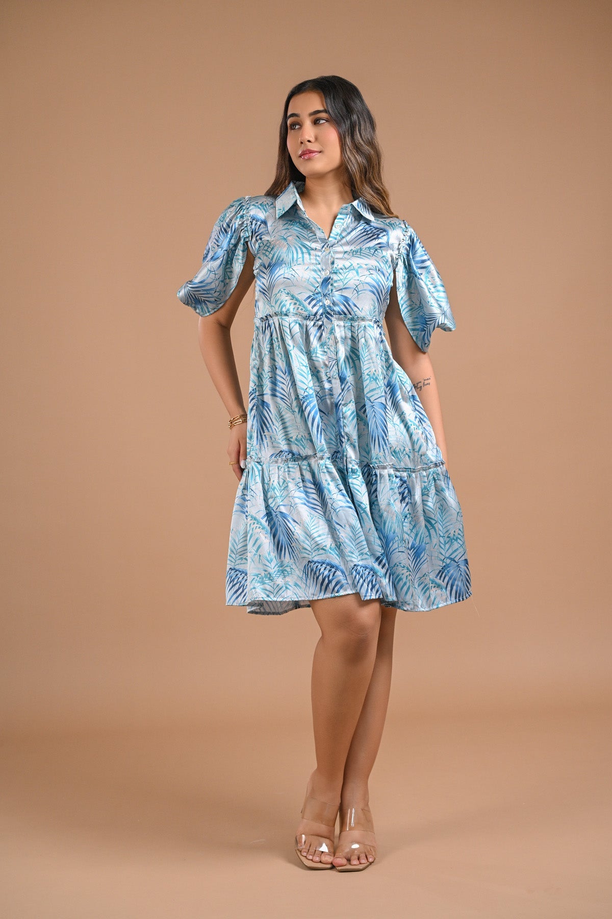 Blue Floral Puff Sleeve Mini Dress