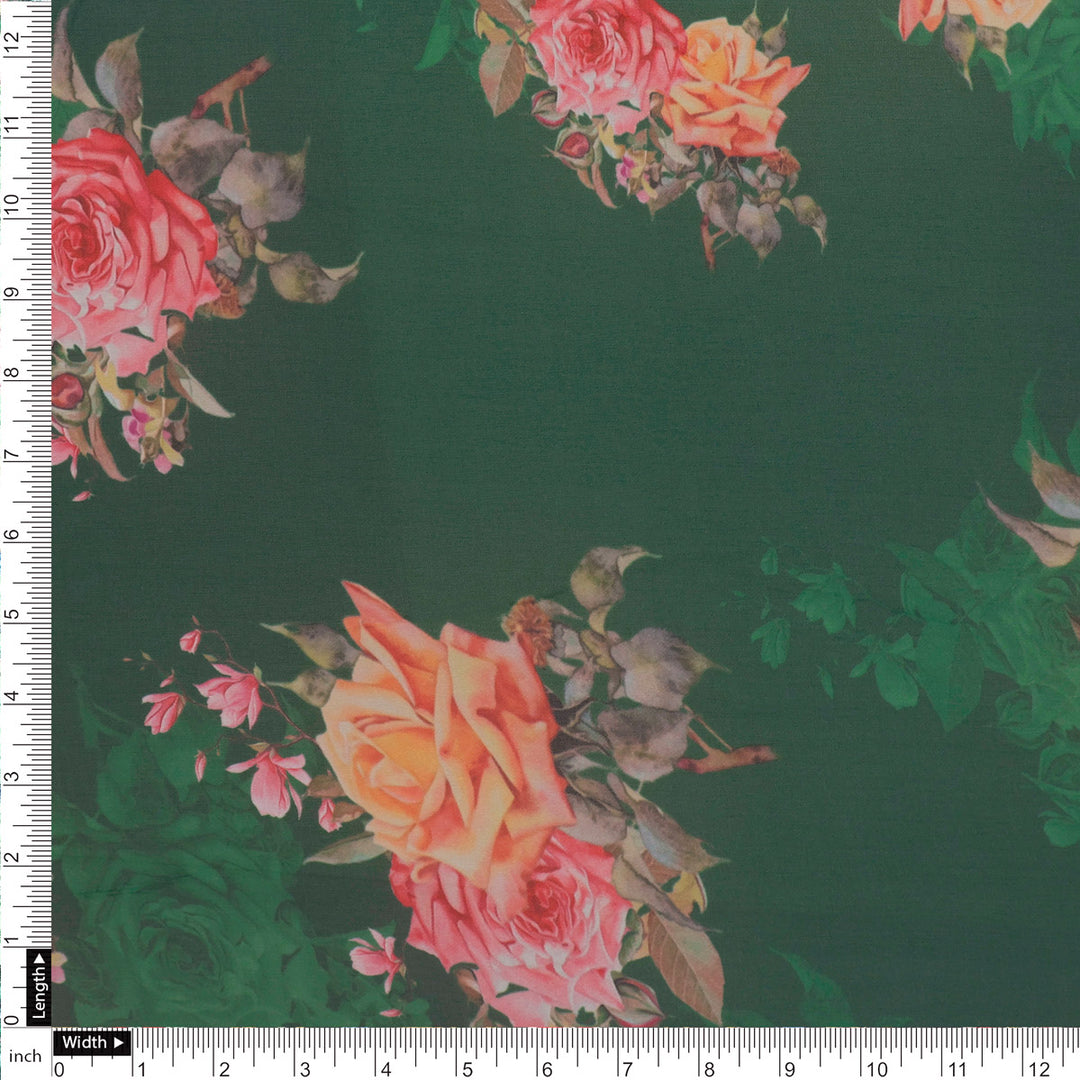 Beautiful Roses With Leaves Digital Printed Fabric - Pure Georgette