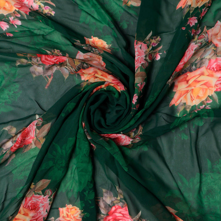 Beautiful Roses With Leaves Digital Printed Fabric - Pure Georgette