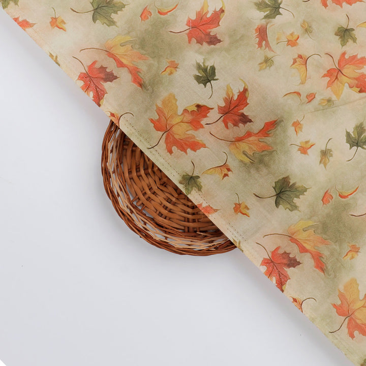 Canadian Maple Green With Orange Leaf Digital Printed Fabric - Pure Cotton