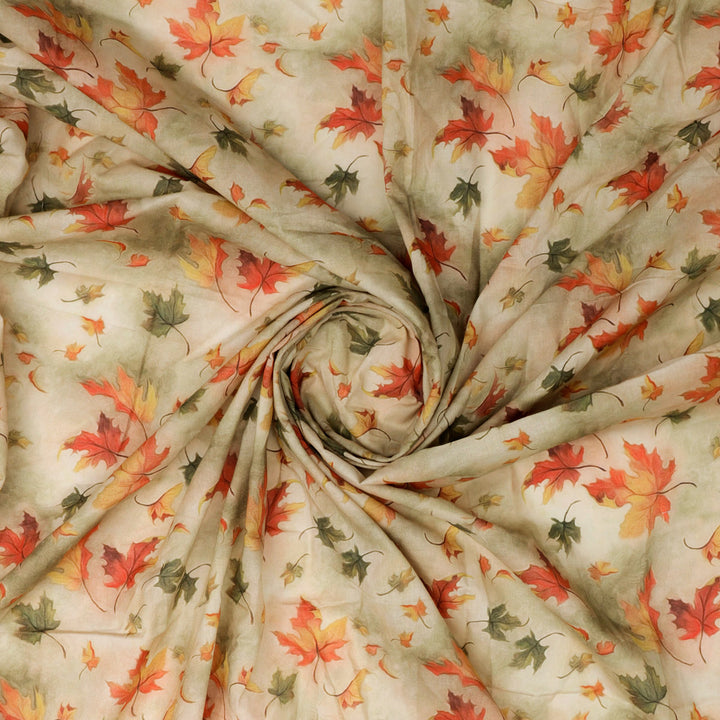 Canadian Maple Green With Orange Leaf Digital Printed Fabric - Pure Cotton