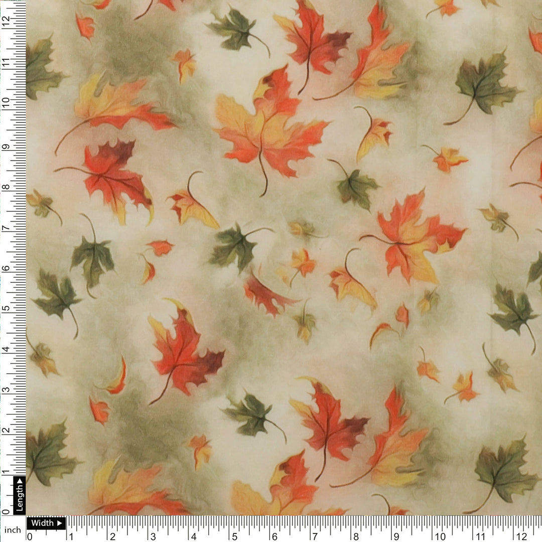 Canadian Maple Green With Orange Leaf Digital Printed Fabric - Pure Cotton