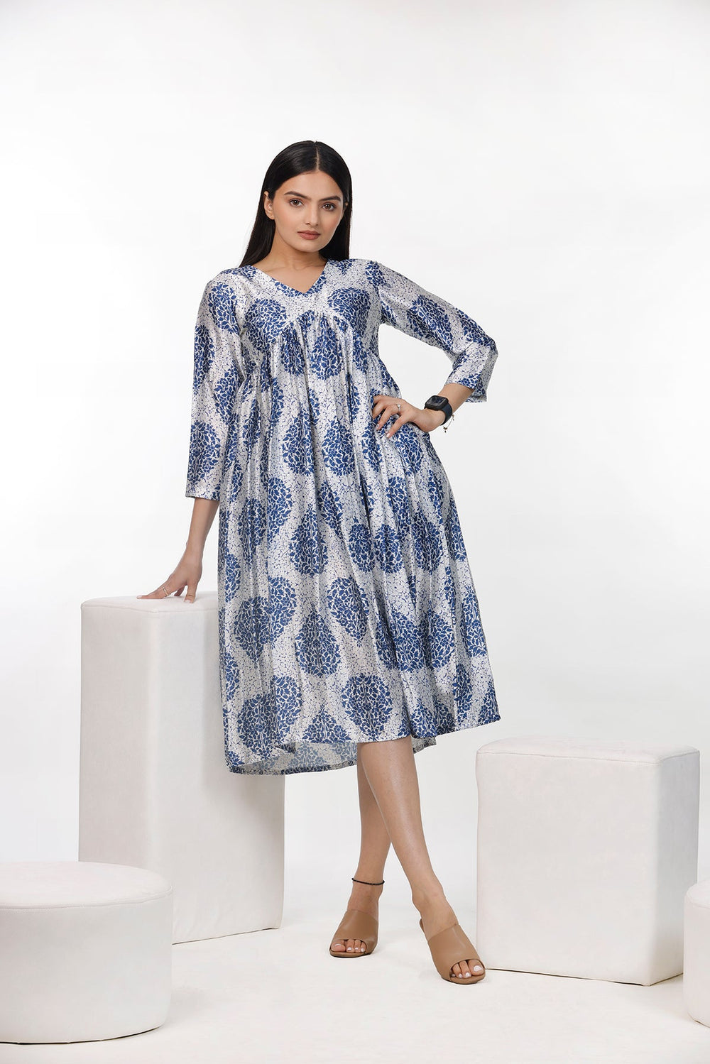 Indigo Leaf Motif Print Dress by aaRVee Studio. Shop @ www.aarveestudio.com