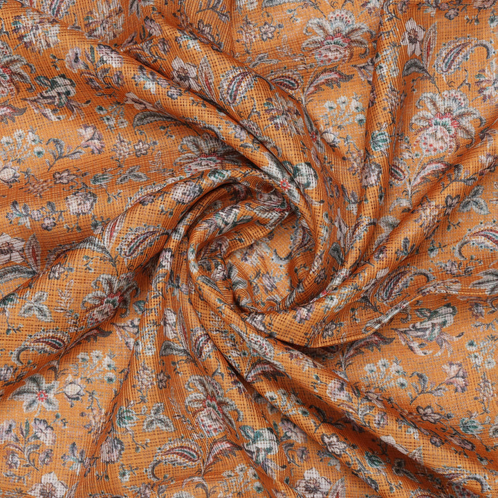 Gorgeous Yellow Ditsy Digital Printed Kota Doria Fabric for Classy Outfits