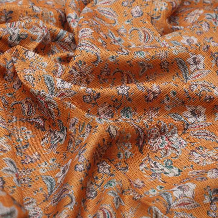 Gorgeous Yellow Ditsy Digital Printed Kota Doria Fabric for Classy Outfits