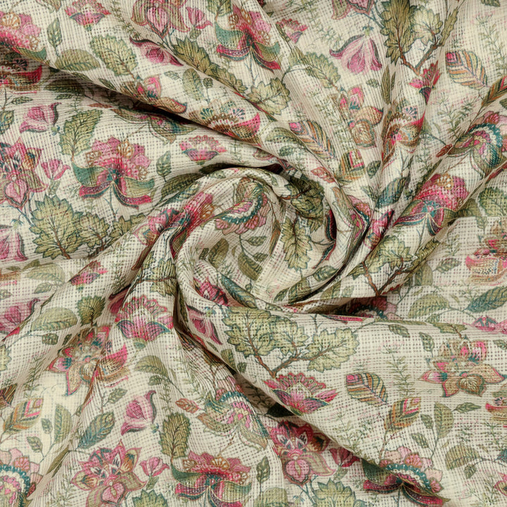 Gorgeous Kota Doria Digital Printed Fabric with Multicolor Flower and Leaves Design