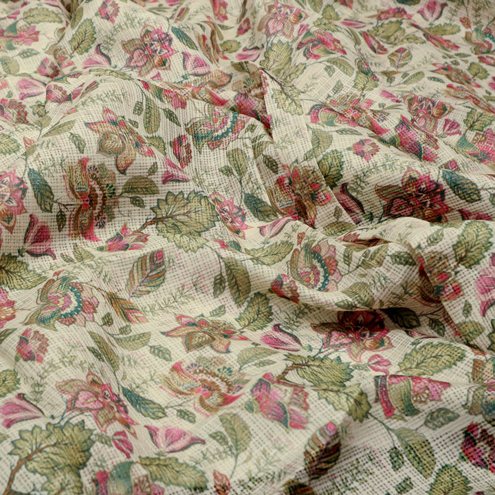 Gorgeous Kota Doria Digital Printed Fabric with Multicolor Flower and Leaves Design