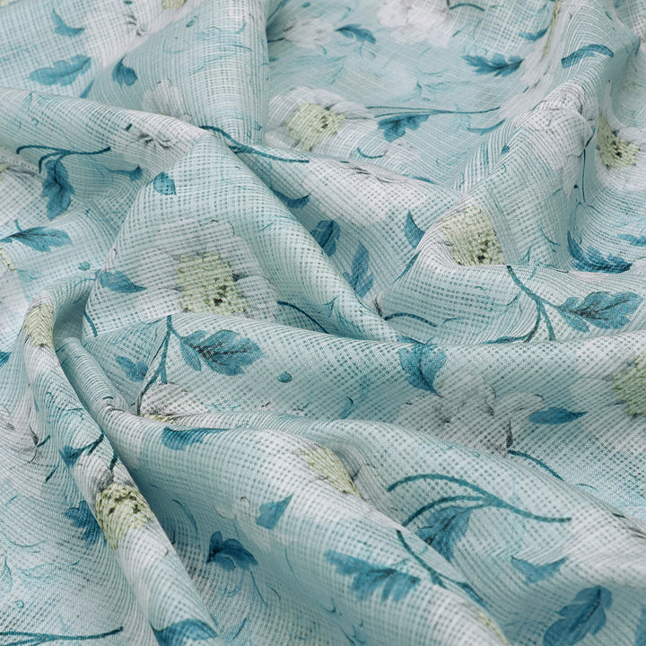 Gorgeous Floral Kota Doria Fabric Material in Green and White