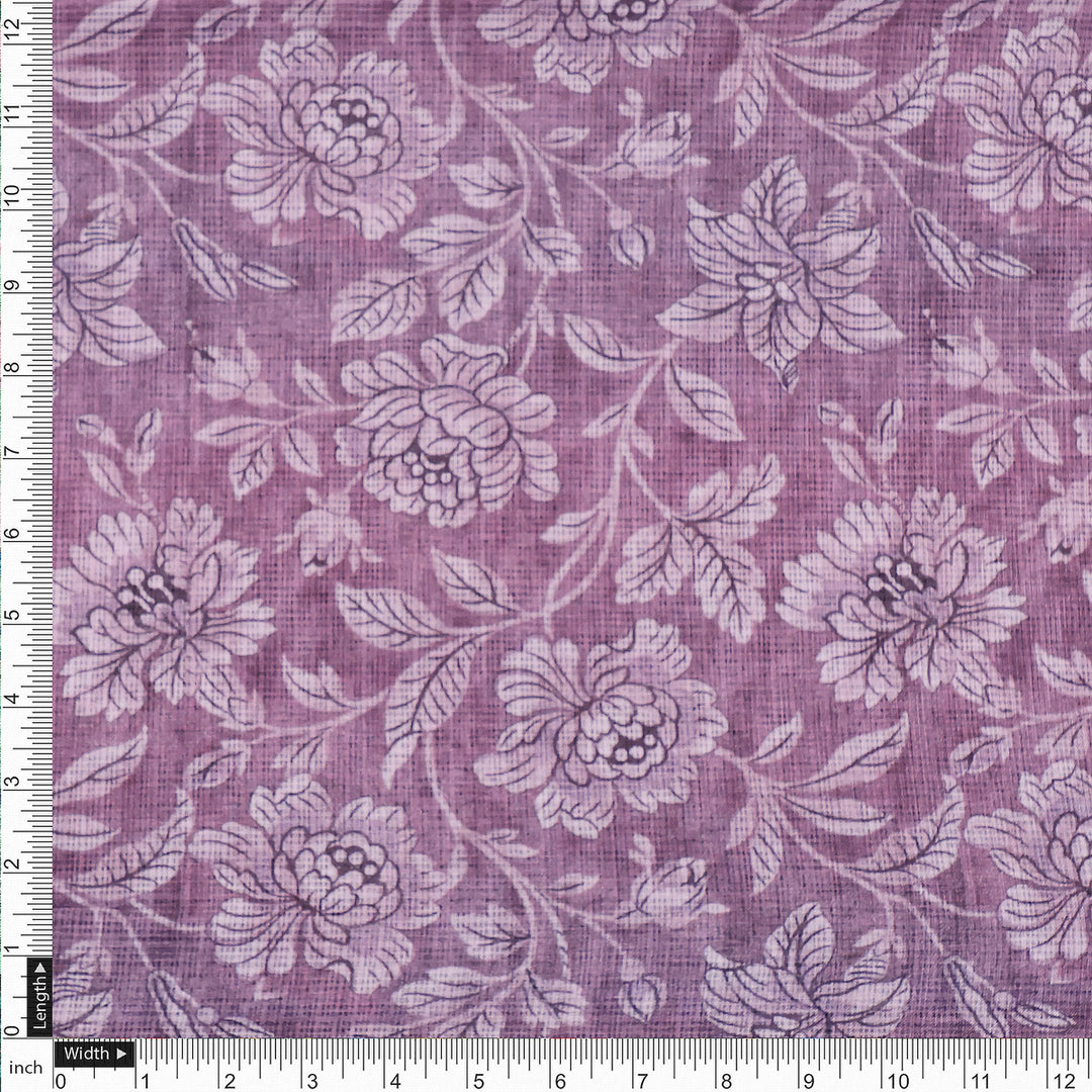 Gorgeous Kota Doria Digital Print Fabric with Purple and Cream Floral & Leaves Design