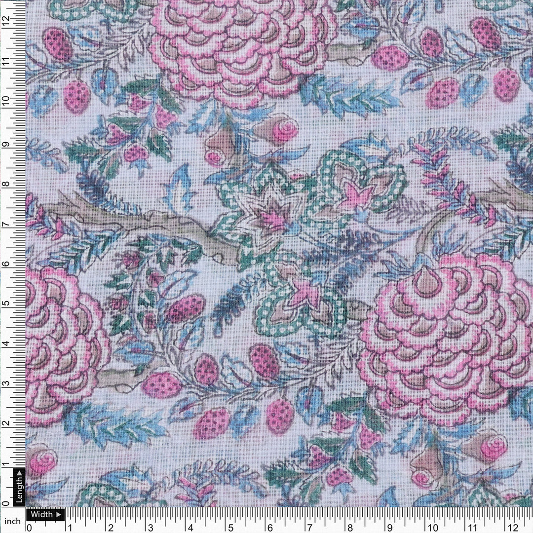 Classy Kota Doria Digital Print Fabric in Green and Pink