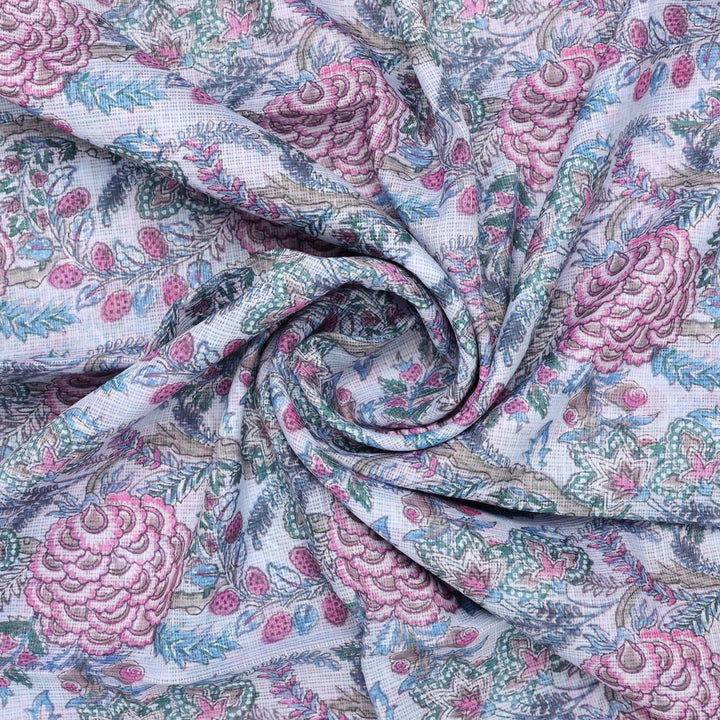 Classy Kota Doria Digital Print Fabric in Green and Pink