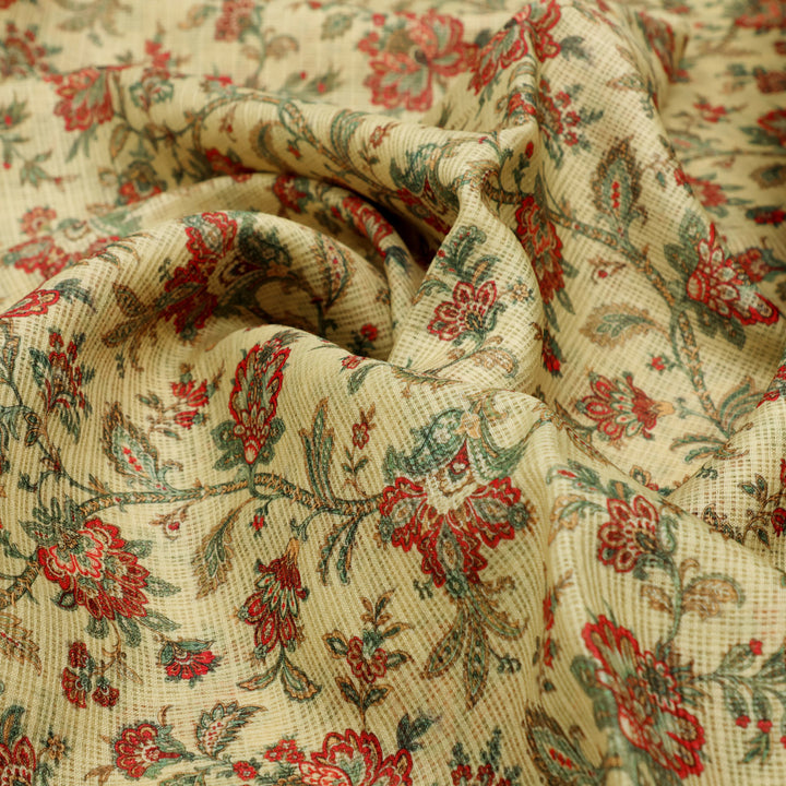 Gorgeous Yellow Floral Velly Kota Doria Fabric Material