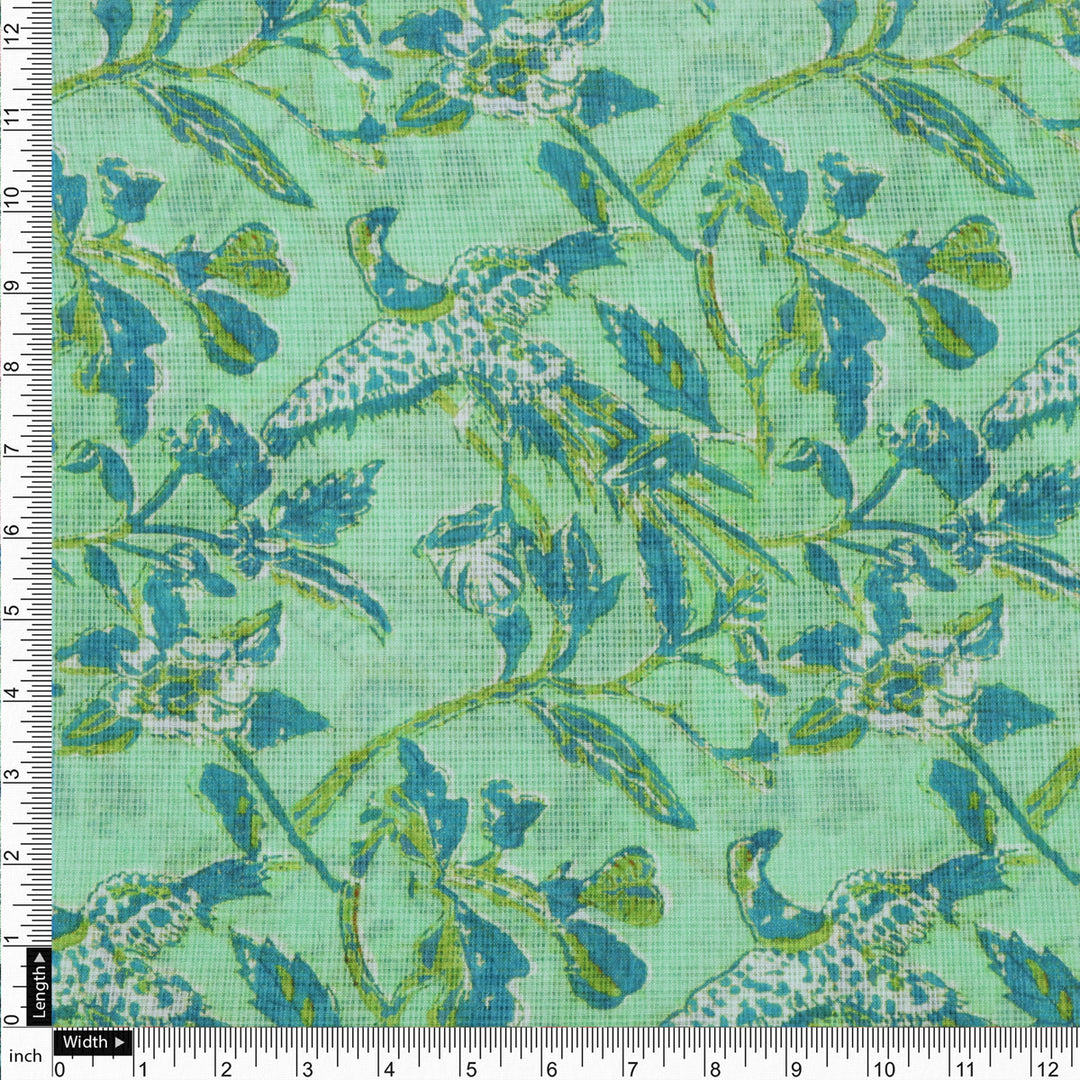 Gorgeous Green and Blue Bird Print Kota Doria Digital Printed Fabric