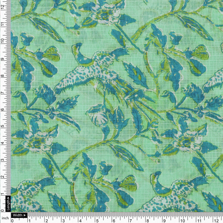 Gorgeous Green and Blue Bird Print Kota Doria Digital Printed Fabric