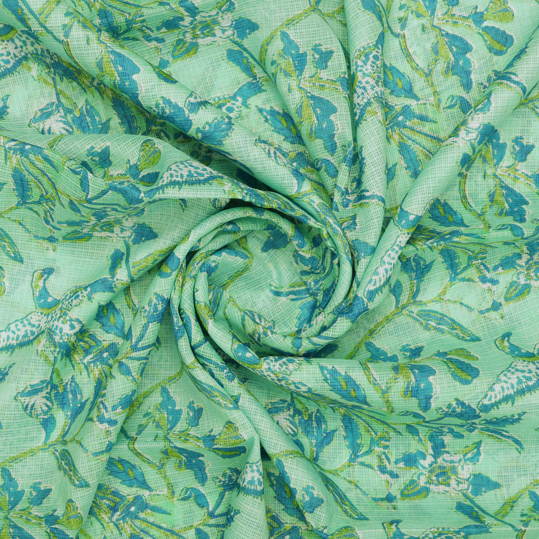 Gorgeous Green and Blue Bird Print Kota Doria Digital Printed Fabric