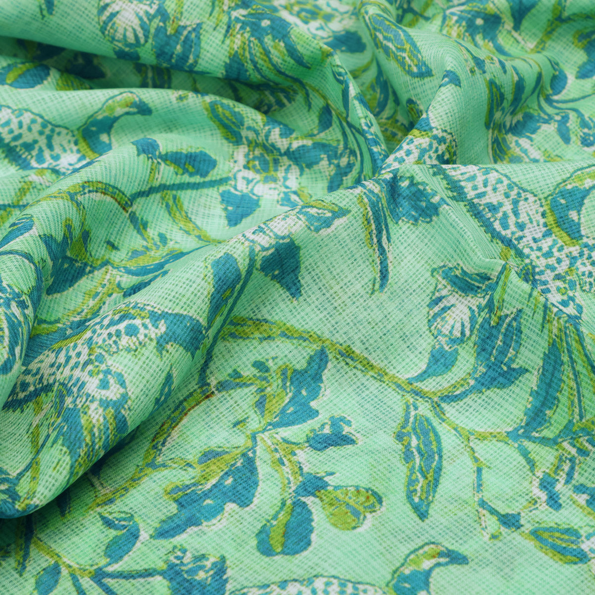 Gorgeous Green and Blue Bird Print Kota Doria Digital Printed Fabric