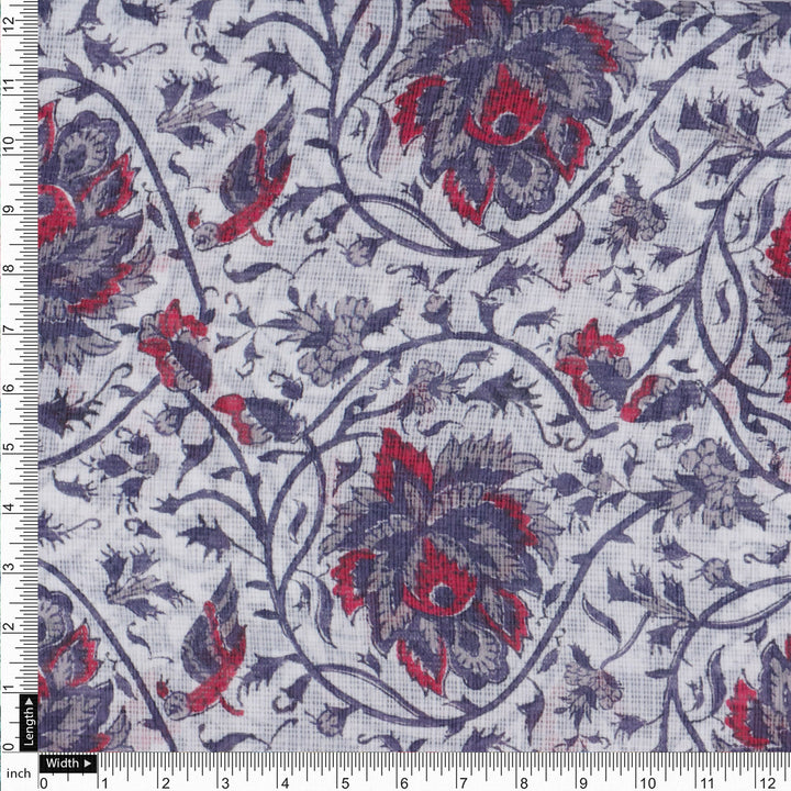 Stunning Floral Velly in Vibrant Red, Purple, and White on Kota Doria Fabric Material