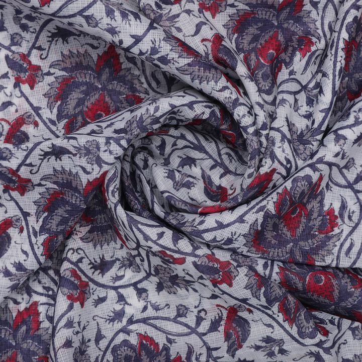 Stunning Floral Velly in Vibrant Red, Purple, and White on Kota Doria Fabric Material