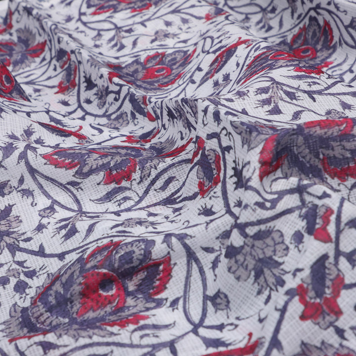 Stunning Floral Velly in Vibrant Red, Purple, and White on Kota Doria Fabric Material