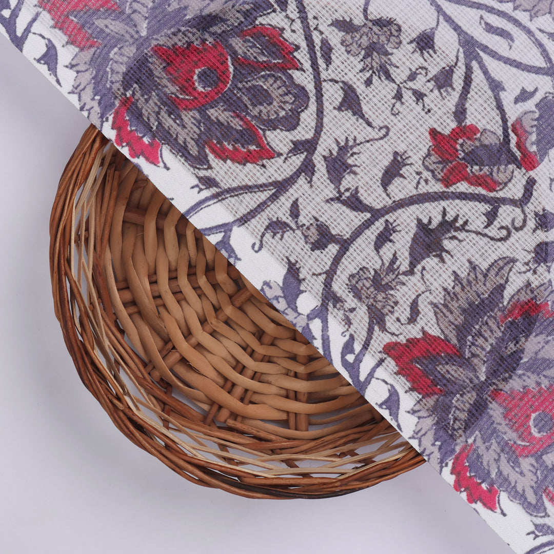 Stunning Floral Velly in Vibrant Red, Purple, and White on Kota Doria Fabric Material